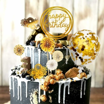 Tortadísz szett arany - Happy Birthday beszúró, lufi, korongok