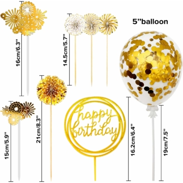 Tortadísz szett arany - Happy Birthday beszúró, lufi, korongok