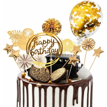 Tortadísz szett arany - Happy Birthday beszúró, lufi, korongok