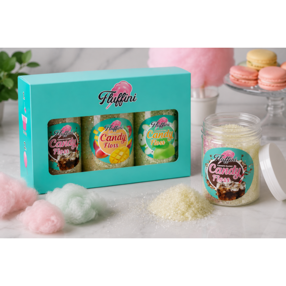 Fluffini Ízesített Vattacukor Alapanyag Szett 3x150g - Alma, Mangó, Kóla