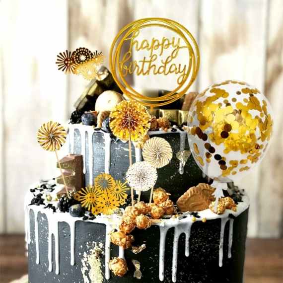 Tortadísz szett arany - Happy Birthday beszúró, lufi, korongok