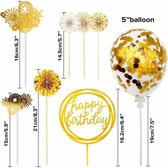 Tortadísz szett arany - Happy Birthday beszúró, lufi, korongok