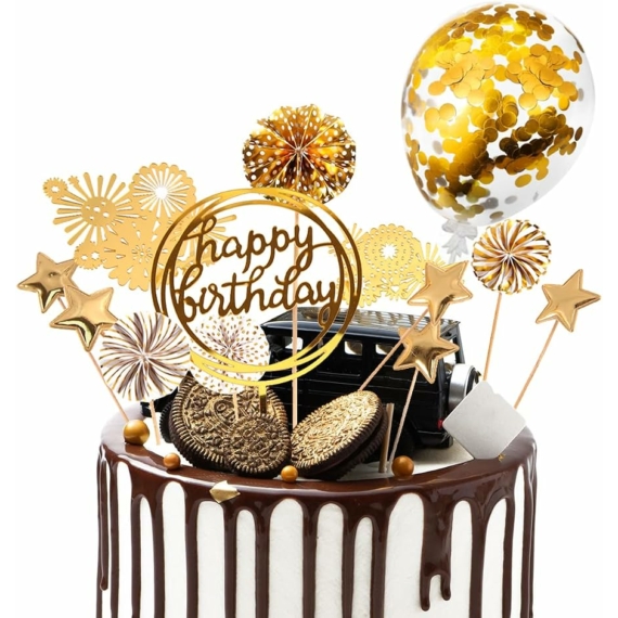 Tortadísz szett arany - Happy Birthday beszúró, lufi, korongok