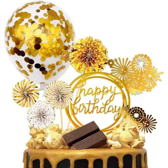 Tortadísz szett arany - Happy Birthday beszúró, lufi, korongok