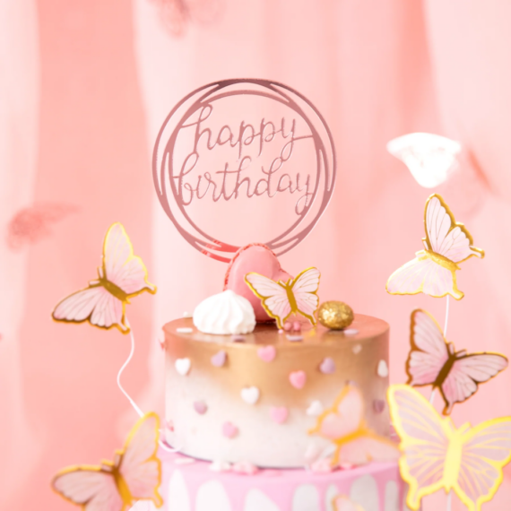 Akril beszúró ,,Happy Birthday" 1 db - Kerek rose gold