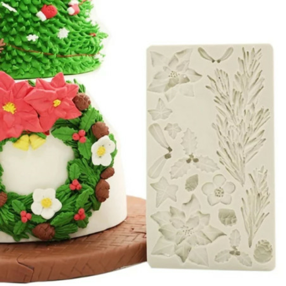 Szilikon forma fondant díszekhez - Fenyőág és mikulásvirág