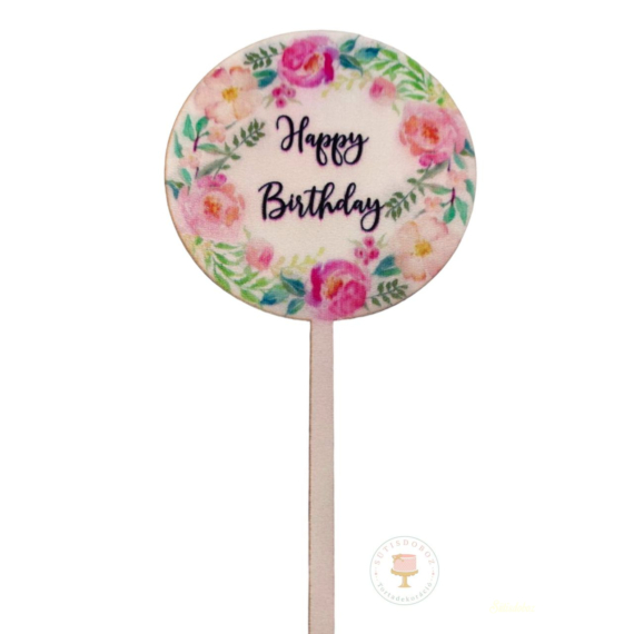 Fa torta beszúró - Kerek mintás Happy Birthday - Virágos